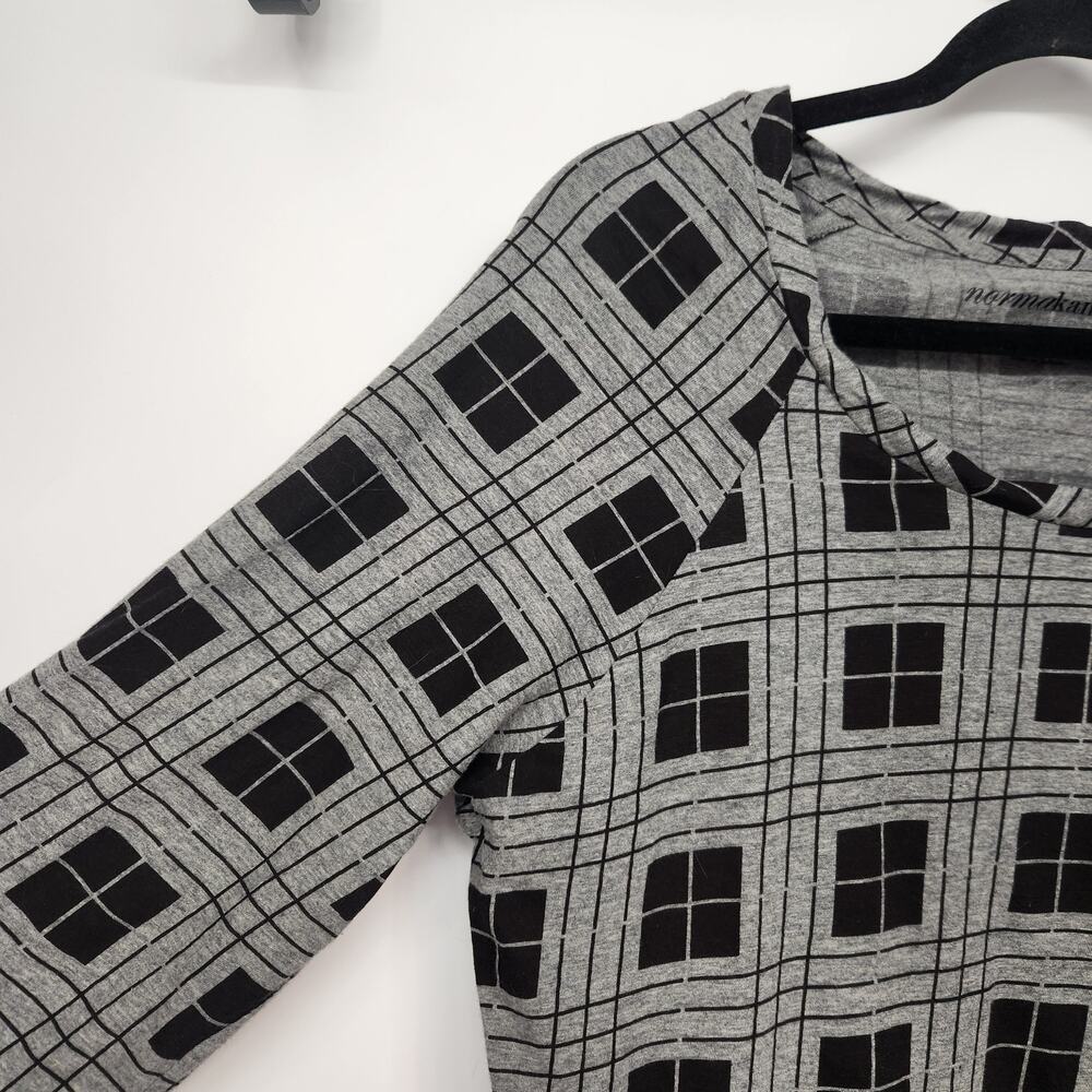 Norma‎ Kamali Gray Scooped Neck Organic Cotton 3/4 Sleeve Plaid Tee Women 2XL - Picture 6 of 7